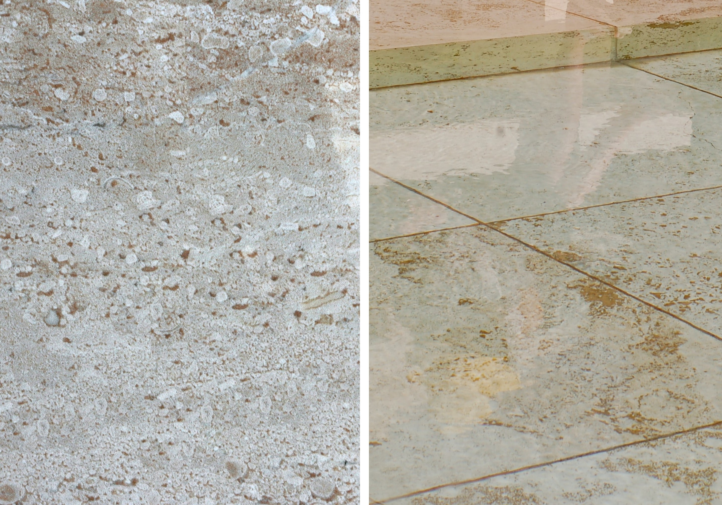A collage of two pictures showing a polished concrete floor and a tiled floor.